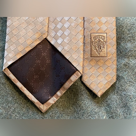 Authentic Gucci Silk Tie Tom Ford Era Champagne Taupe Basketweave 100% Silk - Picture 4 of 4
